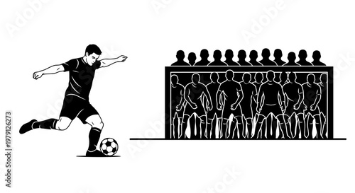 A soccer player kicking a ball towards a goal with spectators watching.