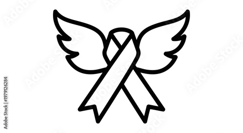 A simple line drawing of a ribbon with wings symbolizing hope and support for a cause.