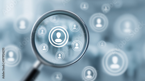 A magnifying glass hovers over a series of glowing white profile icons representing people in a digital network.
