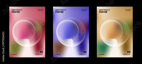 Set of abstract posters with vibrant gradient backgrounds and translucent circular shapes, modern fluid design for business presentations or flyers
