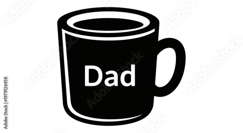 A simple black coffee mug with the word dad printed on it in white.