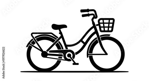 A simple black and white illustration of a bicycle with a basket.