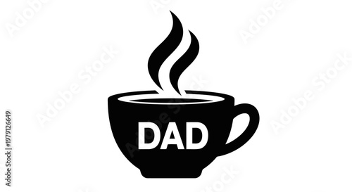 A simple illustration of a coffee cup with the word dad on it, emitting steam.