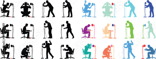Vector silhouettes of speakers with microphones, showing stage fright, confidence, and frustration. Figures speaking, stressed, or celebrating during a recording or performance