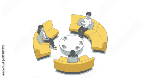 Four people seated around a circular table in a modern lounge area