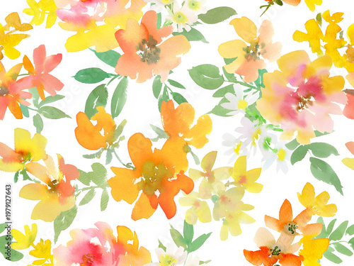 Watercolor summer floral seamless pattern with abstract hand painted orange roses and wild flowers on a transparent background for stationary, gif wrapping and wall paper.