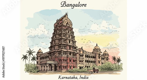 Illustration artistique d'un temple traditionnel à Bangalore, Karnataka, Inde, présentée dans un style de carte postale vintage à l'aquarelle.