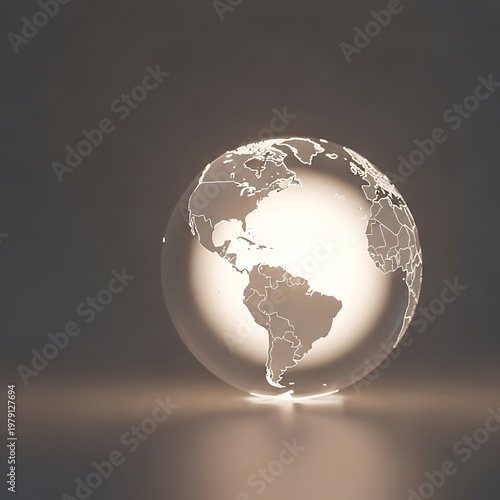 Illuminated glass globe showing continents America Europe Asia Africa with dark background.