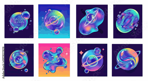 Collection d'illustrations futuristes de style Y2K avec des formes liquides irisées, des planètes holographiques et des bulles cosmiques vibrantes.