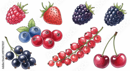 Illustration à l'aquarelle de divers fruits rouges incluant fraise, framboise, mûre, myrtille, cassis, groseille et cerise sur fond blanc.