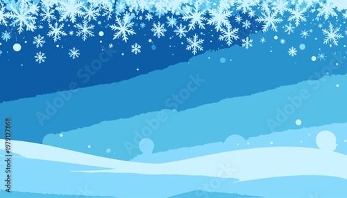Fond d'hiver bleu avec des flocons de neige stylisés et des collines enneigées abstraites pour les célébrations de Noël et de fin d'année.