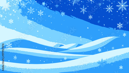 Illustration hivernale abstraite avec des flocons de neige blancs sur un fond bleu dégradé avec des vagues de neige stylisées et décoratives.