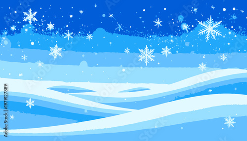 Illustration d'un paysage hivernal abstrait avec des congères bleues et de gros flocons de neige scintillants sur un fond de ciel nocturne.