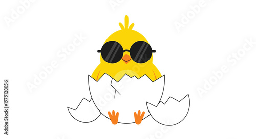 Cute cartoon chick wearing sunglasses emerging from a broken eggshell