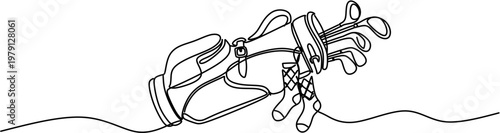Continuous line drawing of a golf bag with clubs and socks