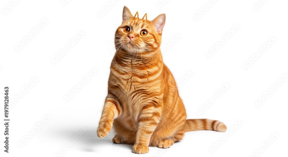 Fototapeta premium Orange tabby cat sitting upright with large expressive eyes and striped fur big eyes sitting posture