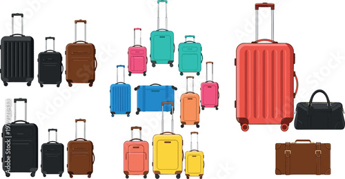 Travel luggage suitcase collection with different sizes and colors flat vector illustration baggage bags set isolated background
