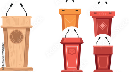Wooden and modern podium tribune collection with microphones for speech presentation conference and debate flat vector illustration isolated