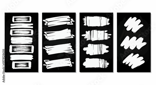 Coleção de elementos gráficos em estilo giz branco sobre fundo preto com molduras retangulares e pinceladas artísticas para design.