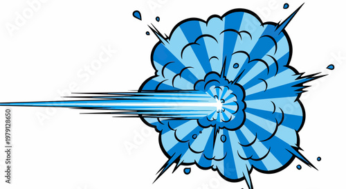 Ilustração vetorial de uma explosão de energia azul em estilo de quadrinhos com efeito de impacto e feixe de luz sobre fundo branco isolado.