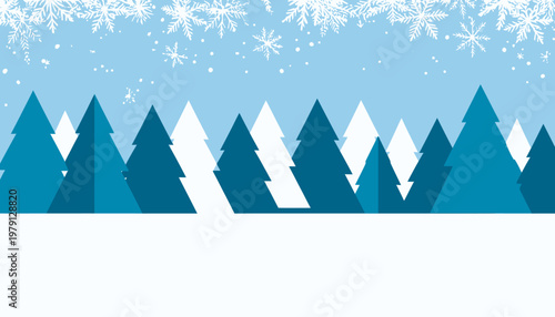 Ilustração vetorial plana de uma floresta de pinheiros azuis e brancos sob um céu com flocos de neve caindo e chão coberto de neve.