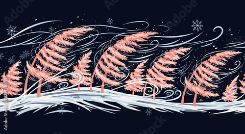 Ilustração de árvores cor-de-rosa curvadas pelo vento forte em uma tempestade de neve noturna com flocos de neve e redemoinhos de vento.