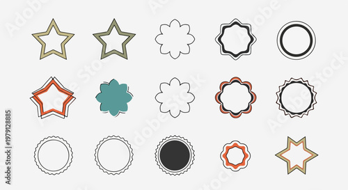 Coleção de emblemas geométricos e selos vintage em tons pastéis com estrelas, círculos e formas onduladas para design gráfico criativo.