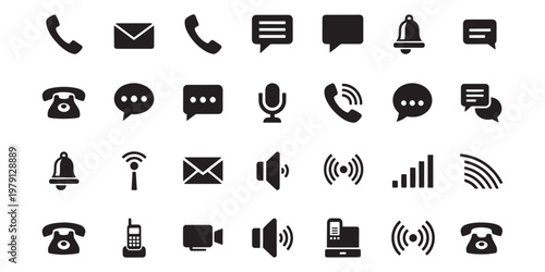 Communication Icons, Phone Symbols, Messaging Signs, Black Vector Graphics