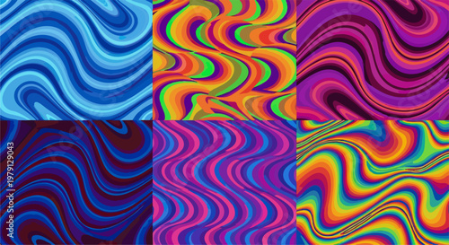 Coleção de seis texturas abstratas com ondas psicodélicas e cores vibrantes, ideais para fundos modernos, arte digital e designs criativos únicos.