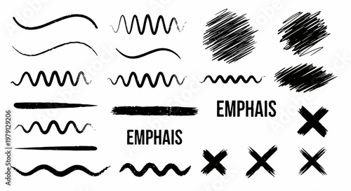 Sammlung von handgezeichneten schwarzen Grafikelementen wie Wellenlinien, Kritzeleien und Kreuzen zur Hervorhebung auf weißem Hintergrund.