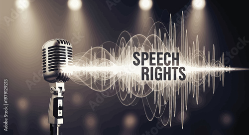 Vintage silver microphone with glowing sound waves illustrating the concept of speech rights displayed in a professional studio setting now