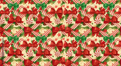 Festliches nahtloses Weihnachtsmuster mit roten Schleifen, Zuckerstangen, Stechpalmenblättern und Pfefferminzbonbons auf hellem Hintergrund.