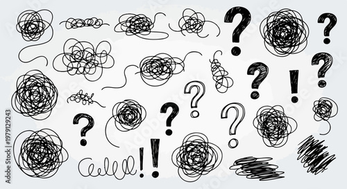 Eine Sammlung von skizzierten Kritzeleien, Fragezeichen und Ausrufezeichen, die mentale Unordnung, Brainstorming und Problemlösung visualisieren.