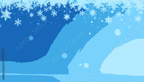 Abstrakter blauer Winterhintergrund mit stilisierten Schneeflocken und Pinselstrichen für festliche Weihnachtsgrüße und saisonale Designs.
