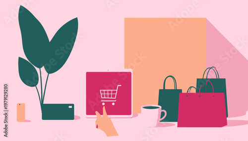 Eine moderne Illustration zum Thema Online-Shopping mit einer Hand, die auf einen digitalen Einkaufswagen klickt, umgeben von bunten Taschen und Deko.