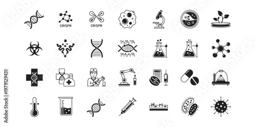 Science, biology, chemistry icons, 25 black and white symbols, medical illustrations, lab equipment graphics