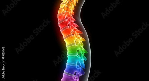 Abstract heatmap visualization of human spine showing inflammation and chronic back pain areas in rainbow colors