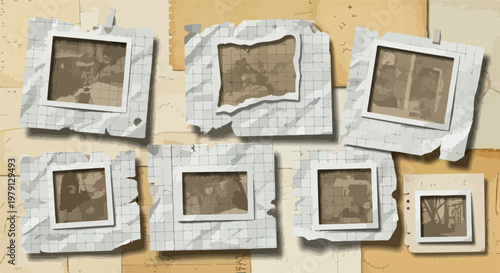 Vintage-Fotocollage mit sepiafarbenen Bildern auf zerknittertem Karopapier und altem Karton als nostalgischer Hintergrund für Erinnerungen.