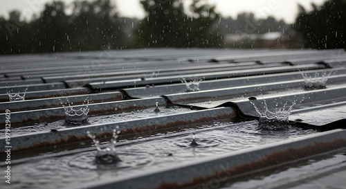 Rainy day on metal roof panels.