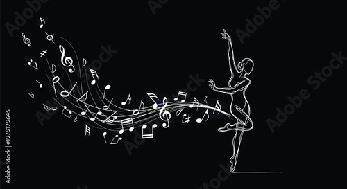 Elegant ballerina performing a dance routine with swirling musical notes forming a beautiful flowing composition across a dark black background