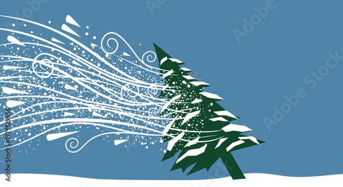 Ilustración vectorial de un pino verde bajo una fuerte tormenta de nieve y viento sobre un fondo azul minimalista de invierno.