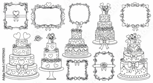 Colección de ilustraciones lineales de pasteles de boda y marcos decorativos con corazones y flores para colorear en fondo blanco.