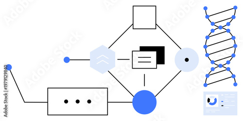 Data connectivity with geometric links, DNA strand, and analysis icons. Data connectivity bridges biotech, digital networks, and innovation. Useful for tech, biotech and data . Applications in