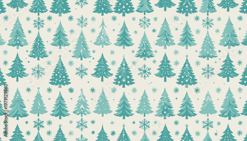 Patrón continuo de árboles de Navidad estilizados y copos de nieve en color verde azulado sobre un fondo crema suave para diseño festivo.