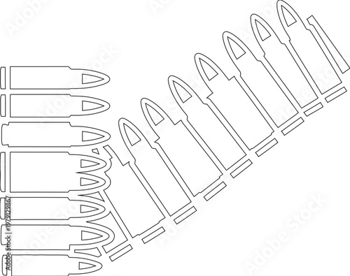 Black and white line art of bullet belt and cartridges for firearm ammunition military weaponry shooting range and hunting equipment