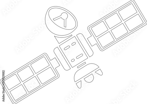 Satellite outline vector illustration with solar panels and dish antenna for children coloring page and educational space science activities