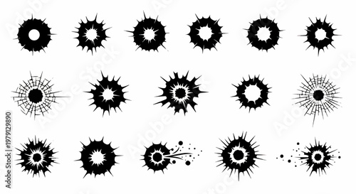 Conjunto de siluetas negras de agujeros de bala y marcas de impacto sobre un fondo blanco, ideal para diseños de acción, crimen o efectos de daño.