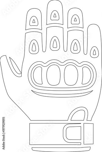 Tactical motorcycle glove line art vector illustration for coloring book or technical design featuring knuckle protection and wrist strap