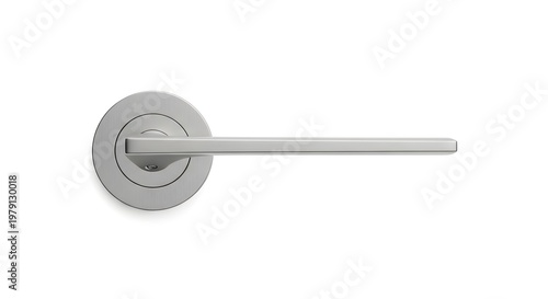 Silver metal door lever handle with round base on white background