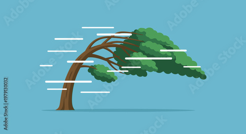 Illustrazione vettoriale di un albero che si piega drasticamente sotto la forza di un vento tempestoso su uno sfondo blu uniforme e pulito.